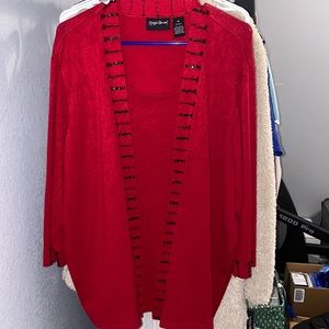 Red dressy, sweater top with built in shirt. Black sequins.